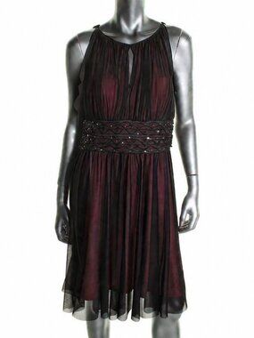 Jessica Howard Red with Black Overlay Beaded Dress • Size 4P